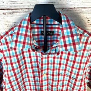 Orvis Men’s Large Shirt Heritage Wash Blue Red Plaid Short Sleeve Cotton Button